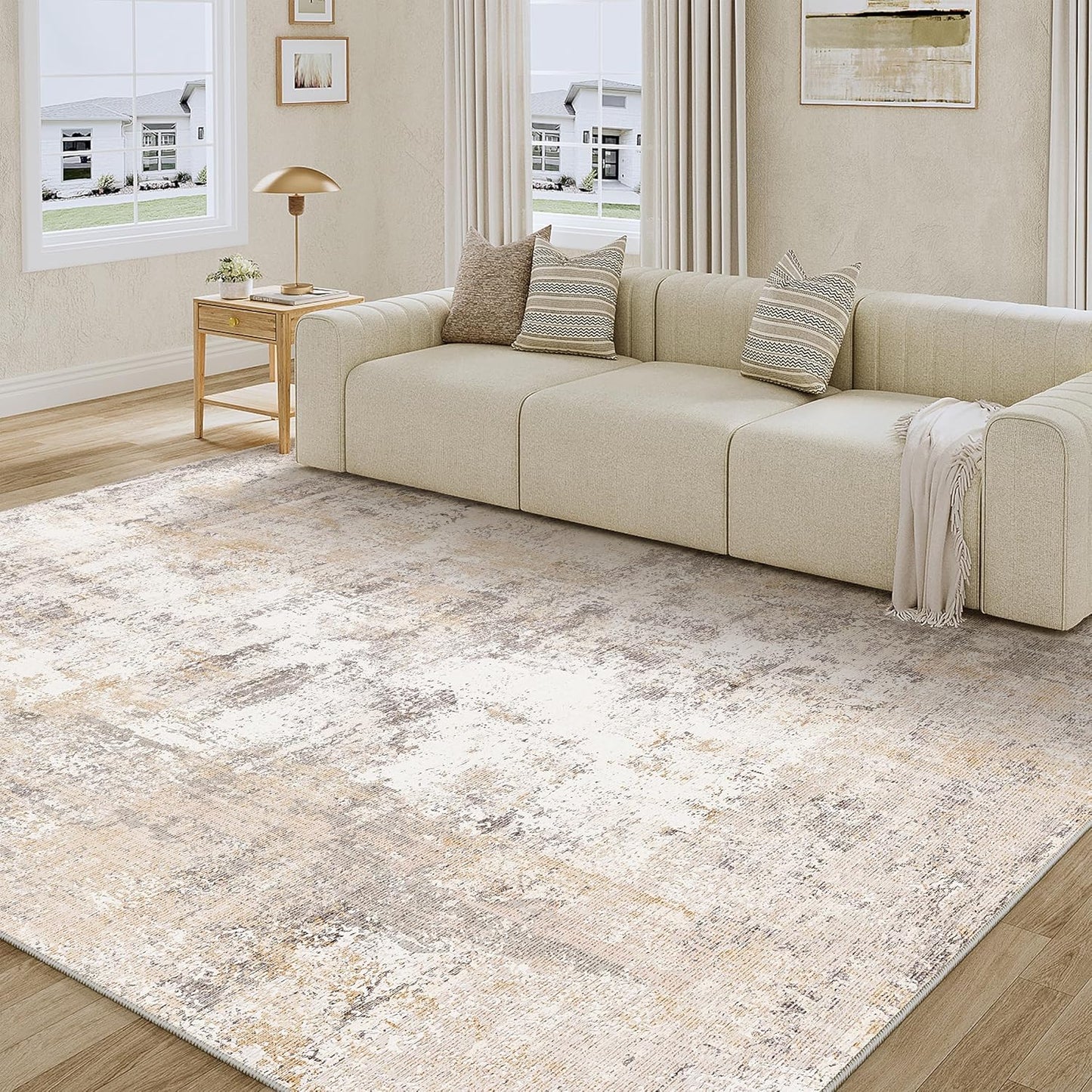 6x9 Washable Area Rug Beige Grey Neutral Abstract Living Room Bedroom Large Throw Rug Non Slip Soft Low Pile Indoor Floor Carpet for Dining Room Kitchen Office Entryway
