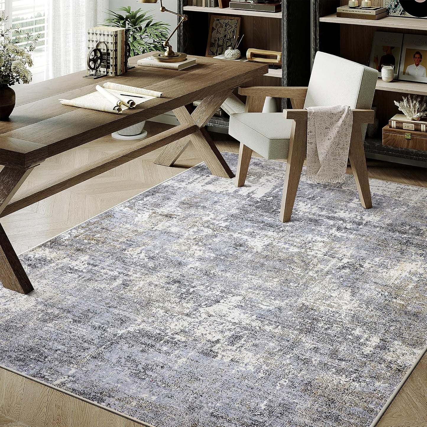 Washable Brown Area Rug 8x10 Modern Abstract Living Room Large Carpet Bedroom Neutral Soft Throw Rug Low Pile Non Slip Indoor Contemporary Floor Cover for Dining Room Office