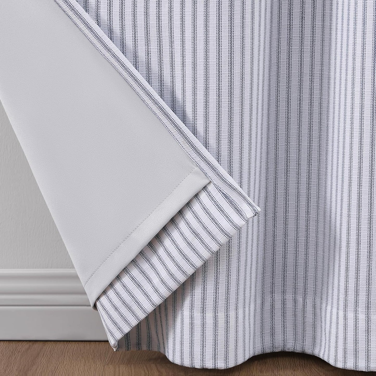 Martha Stewart Ticking Stripe Blackout Lining Rod Pocket/Back Tab Window Curtain Panel Pair, 95", White/Indigo