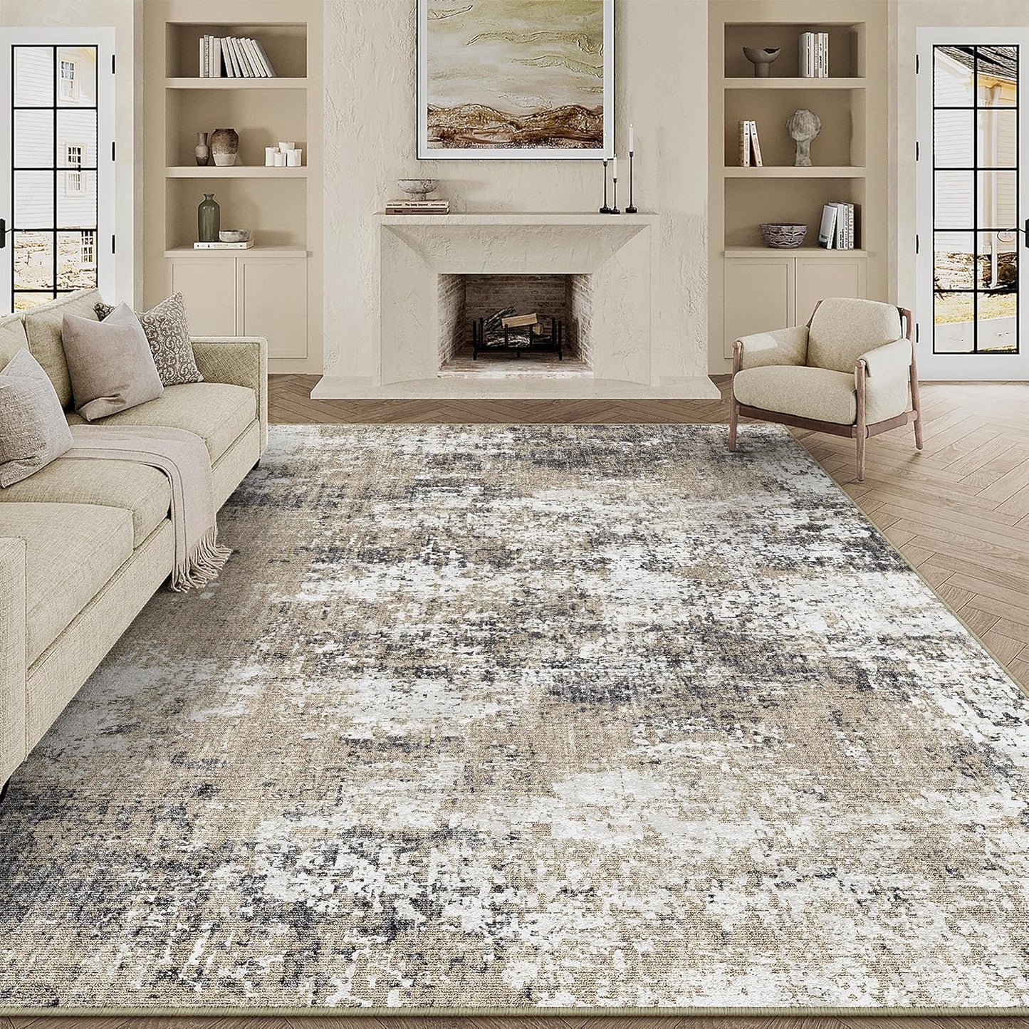 Washable Brown Area Rug 8x10 Modern Abstract Living Room Large Carpet Bedroom Neutral Soft Throw Rug Low Pile Non Slip Indoor Contemporary Floor Cover for Dining Room Office