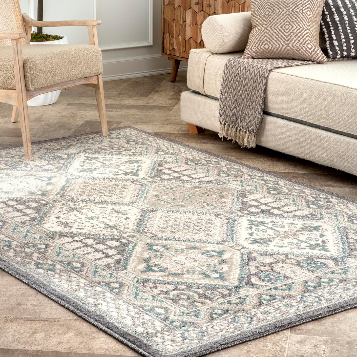 nuLOOM 9x12 Becca Traditional Tiled Area Rug, Beige, Faded Transitional Design, Stain Resistant, For Bedroom, Dining Room, Living Room, Hallway, Office, Kitchen, Entryway