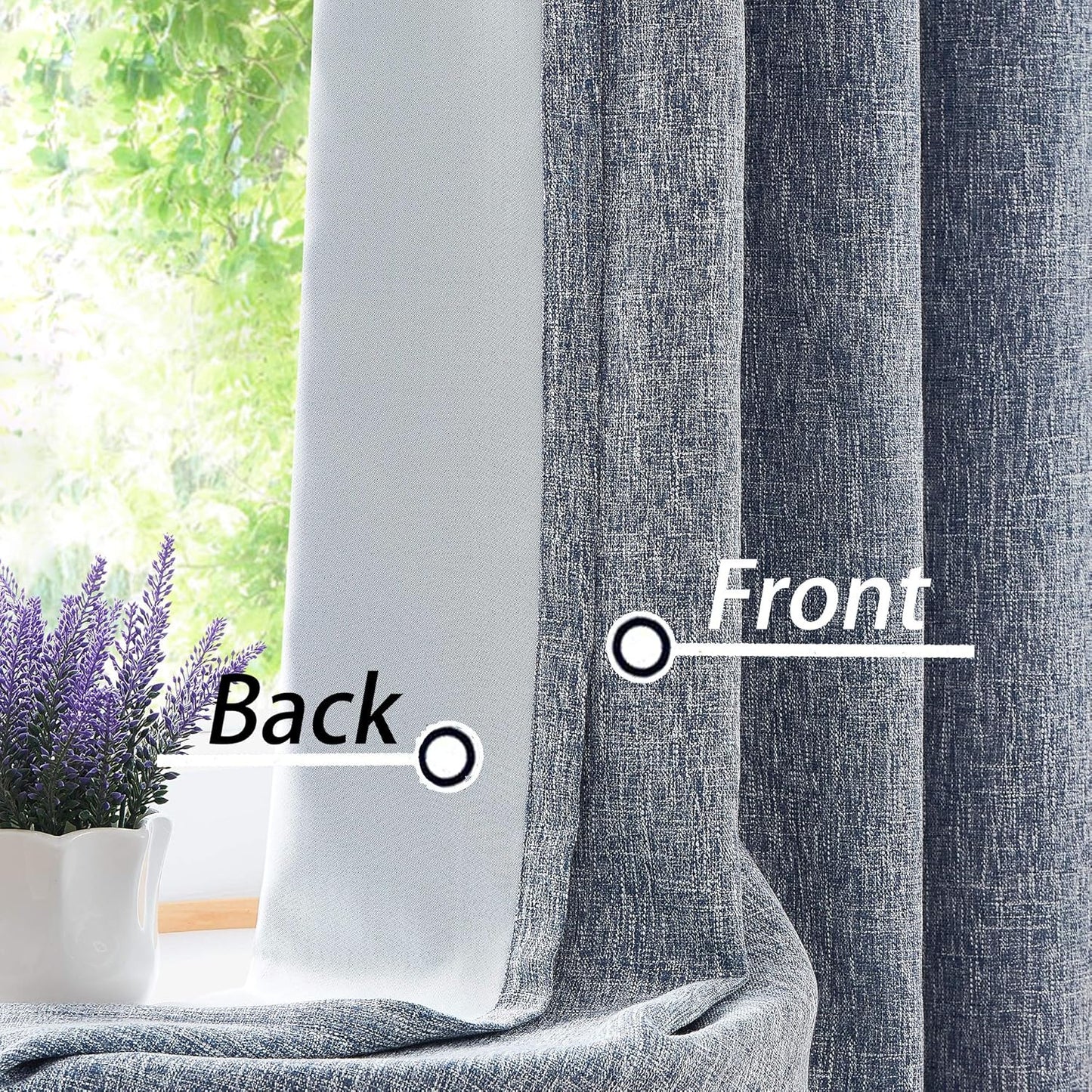 Navy Solid Full Blackout Curtain Heavy Linen Texture Window Treatment for Bedroom Noise Reducing Thermal Insulated Drapes 8 Grommets Top for Living Room with Liner, Indigo Blue, 50" x 84" x 2