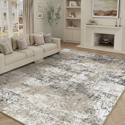 Washable Brown Area Rug 8x10 Modern Abstract Living Room Large Carpet Bedroom Neutral Soft Throw Rug Low Pile Non Slip Indoor Contemporary Floor Cover for Dining Room Office