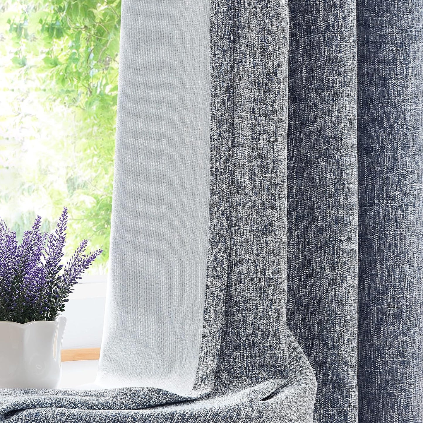 Navy Solid Full Blackout Curtain Heavy Linen Texture Window Treatment for Bedroom Noise Reducing Thermal Insulated Drapes 8 Grommets Top for Living Room with Liner, Indigo Blue, 50" x 84" x 2
